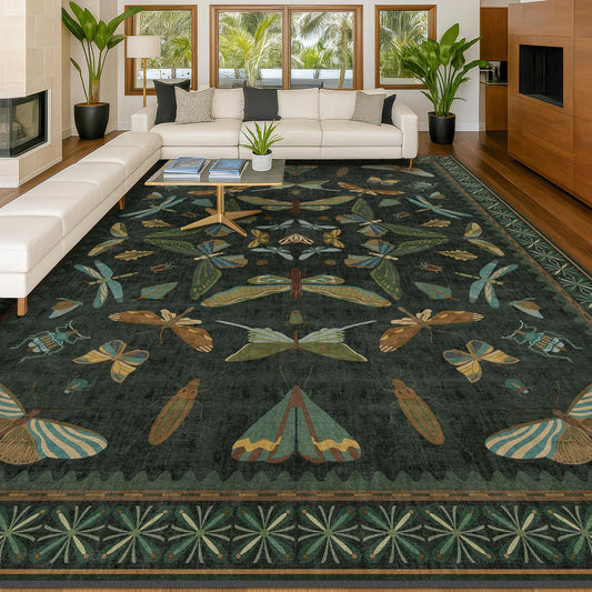 Forest Green Rugs for Living Room - 9x12 Big Rugs for Bedroom, Dining Room, Guest Room, Insect Moth