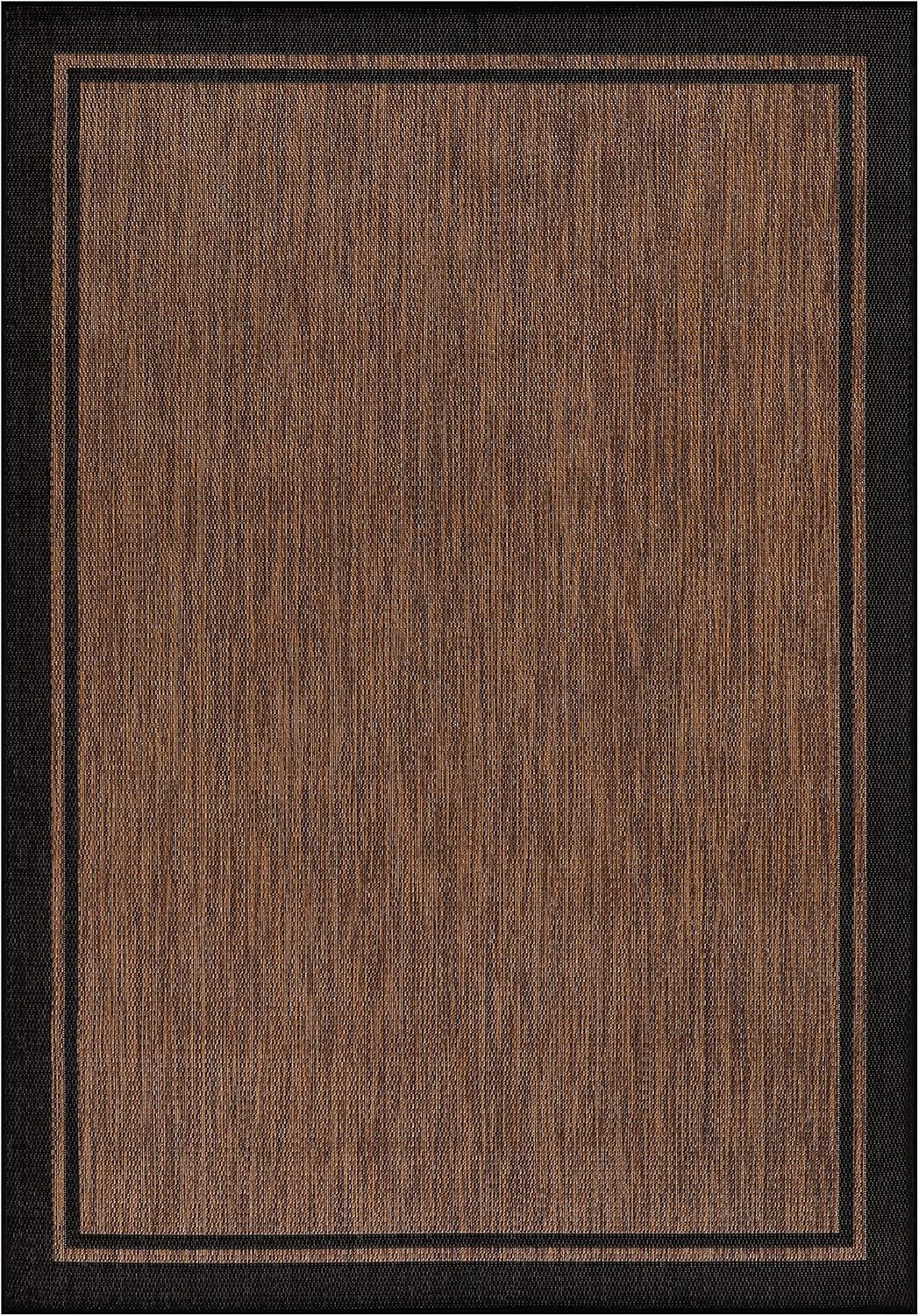 CAMILSON Indoor Outdoor Rug, 9x12 Bordered Nut Brown Black Modern Area Rugs for Indoor and Outdoor