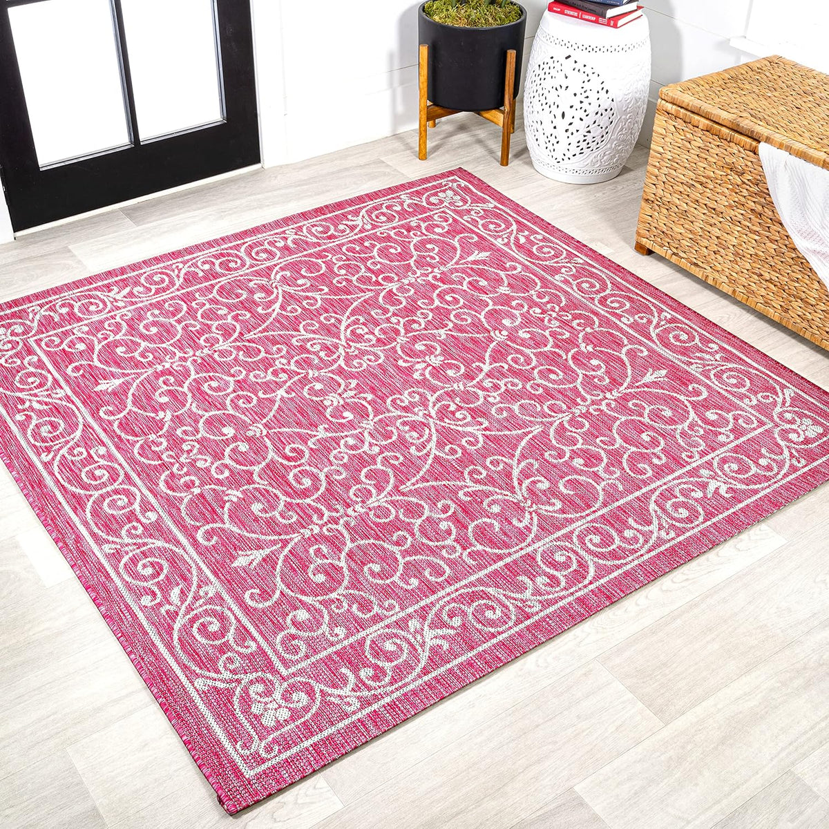 JONATHAN Y Vintage Filigree Indoor Outdoor Square Area Rug 5X5 Fuchsia/Light Gray, Charleston