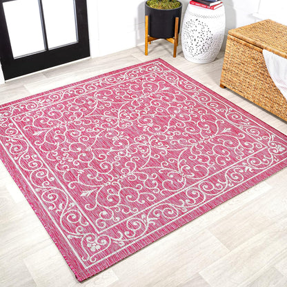 JONATHAN Y Vintage Filigree Indoor Outdoor Square Area Rug 5X5 Fuchsia/Light Gray, Charleston