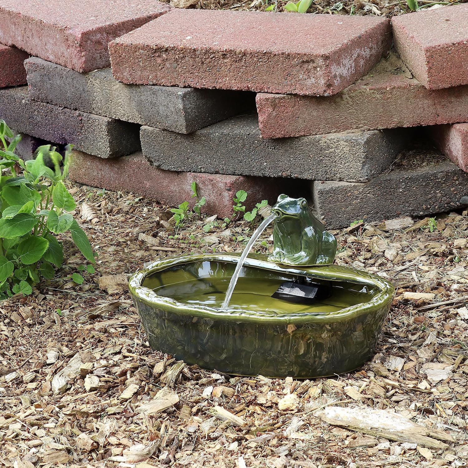 Sunnydaze Ceramic Solar-Powered Water Fountain - Green Glaze - Low-Voltage Submersible Pump with