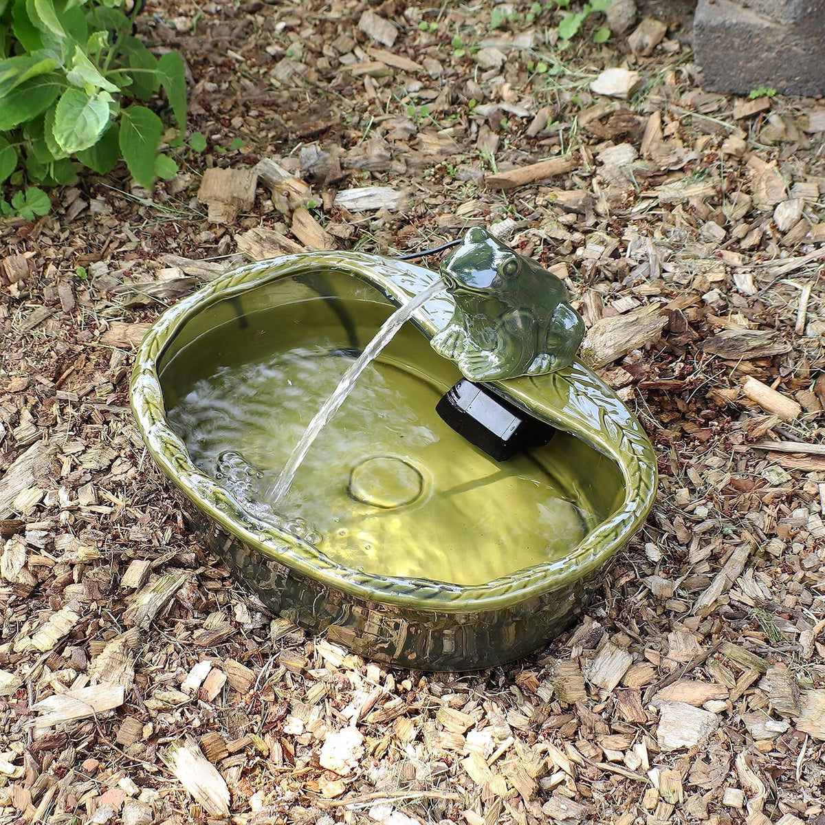 Sunnydaze Ceramic Solar-Powered Water Fountain - Green Glaze - Low-Voltage Submersible Pump with