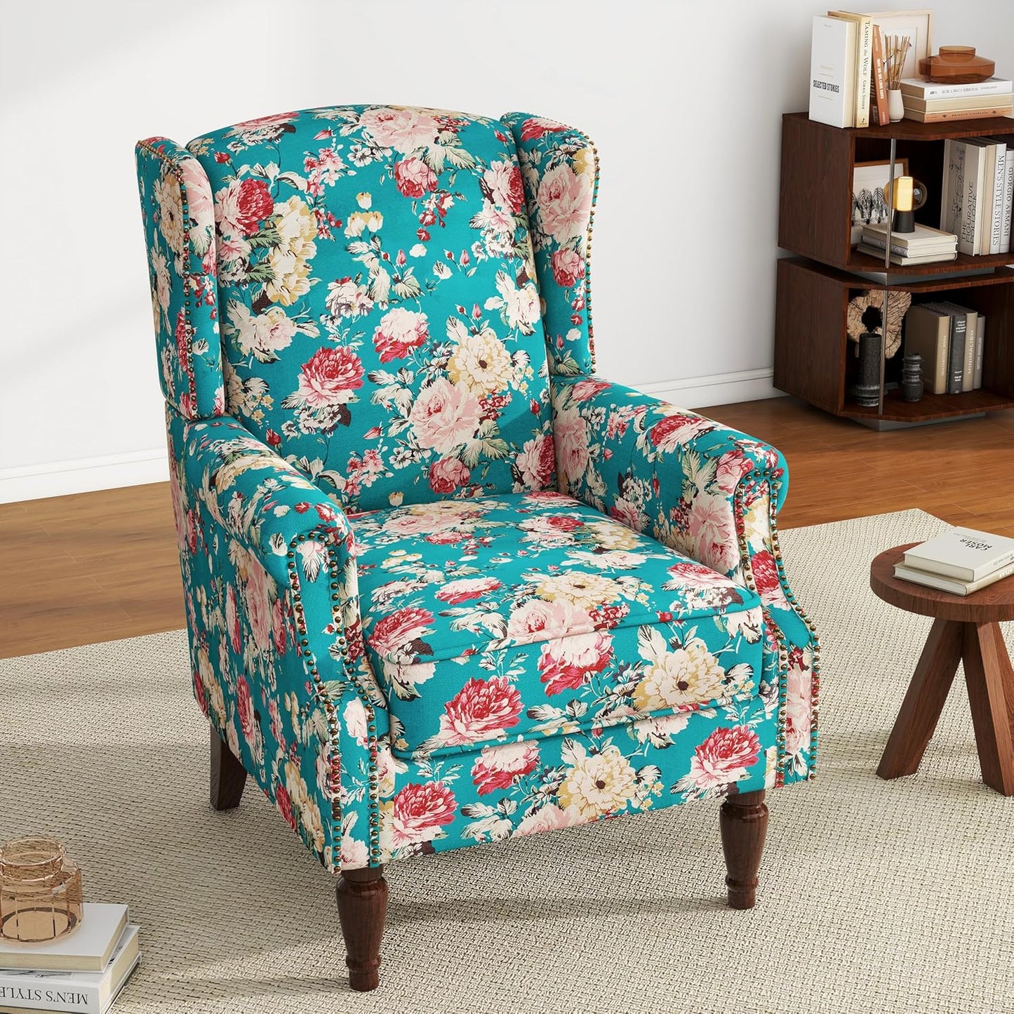 UIXE High Back Floral Accent Chair, Upholstered Armchair in Fabric, Retro Printed Wingback Arm