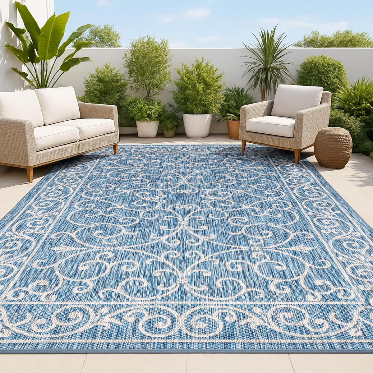 JONATHAN Y Vintage Filigree Indoor Outdoor Area Rug 4X6 Navy/Gray, Charleston Textured Weave for