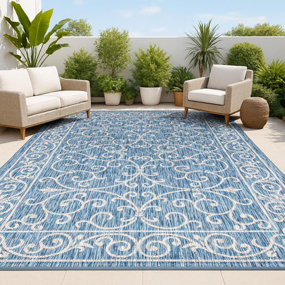 JONATHAN Y Vintage Filigree Indoor Outdoor Area Rug 9X12 Navy/Gray, Charleston Textured Weave for