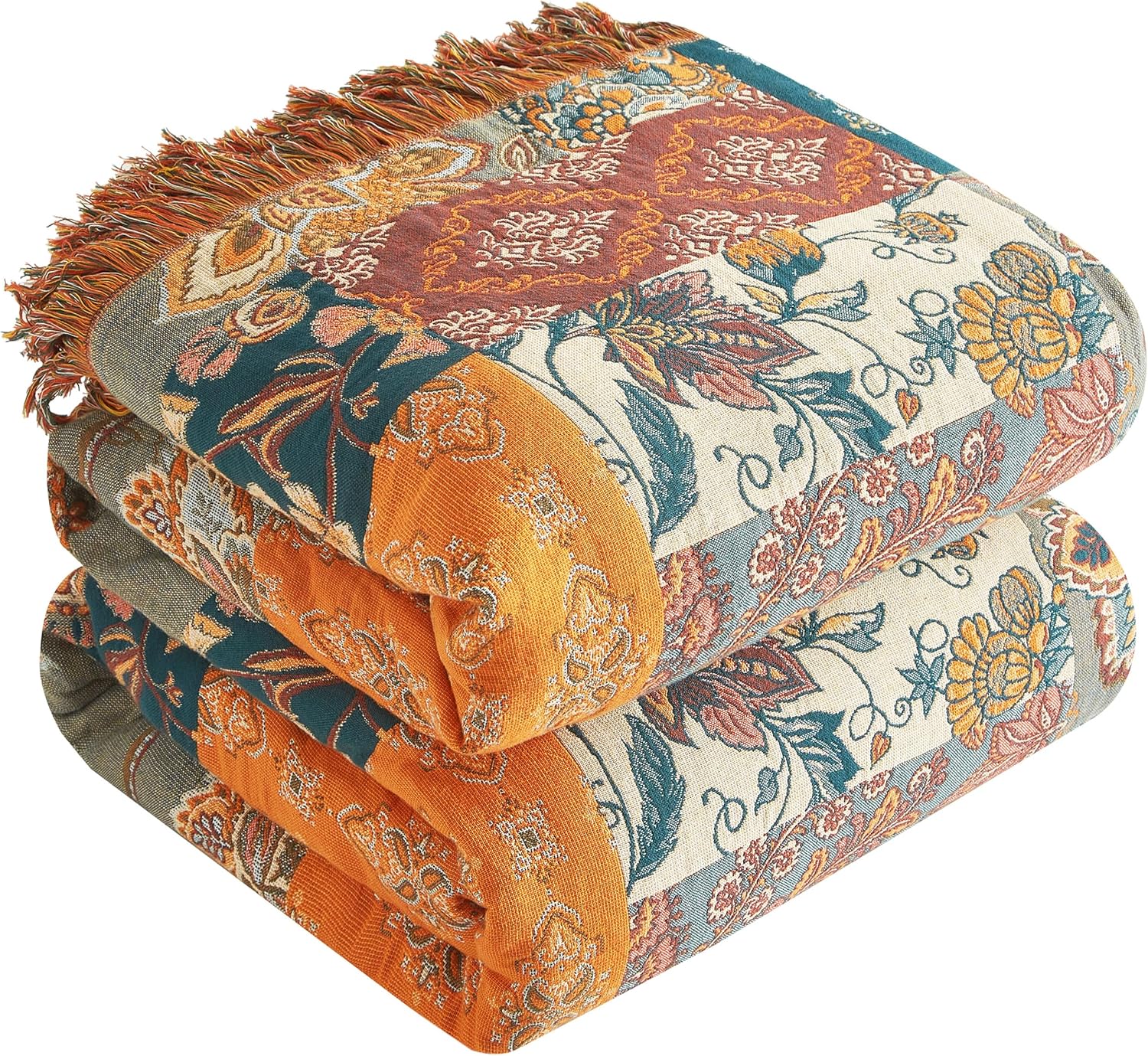 Boho Throw Blanket for Bed 80”x90”, 100% Cotton Woven Blanket for Couch Sofa, Ultra Soft 4-Layer