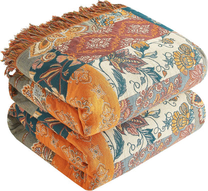 Boho Throw Blanket for Bed 80”x90”, 100% Cotton Woven Blanket for Couch Sofa, Ultra Soft 4-Layer
