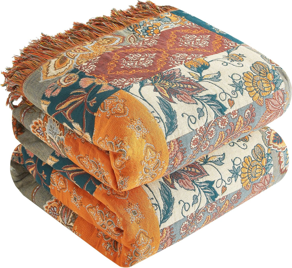 Boho Throw Blanket for Bed 60”x80”, 100% Cotton Woven Blanket for Couch Sofa, Ultra Soft 4-Layer