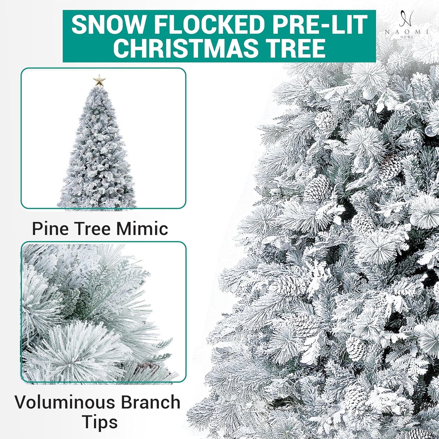 Darla 9ft Snow Flocked Prelit Artificial Christmas Tree with Star Projector, 58 Pine Cones, 1612