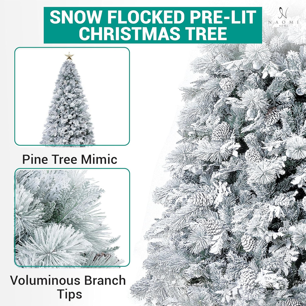 Darla 9ft Snow Flocked Prelit Artificial Christmas Tree with Star Projector, 58 Pine Cones, 1612