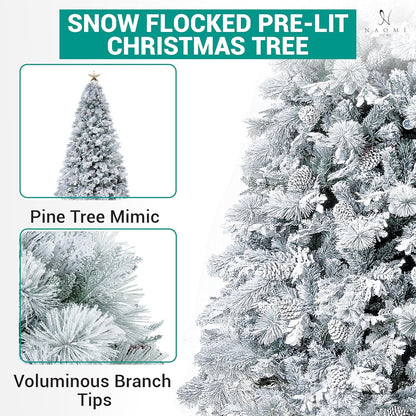 Darla 9ft Snow Flocked Prelit Artificial Christmas Tree with Star Projector, 58 Pine Cones, 1612