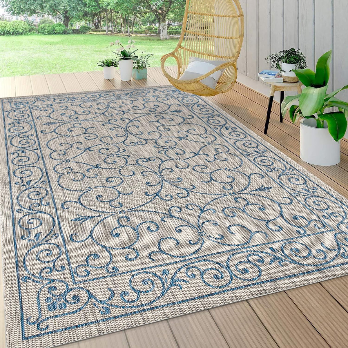 JONATHAN Y Vintage Filigree Indoor Outdoor Area Rug 6X9 Gray/Navy, Charleston Textured Weave for