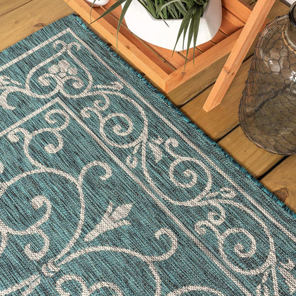 JONATHAN Y Vintage Filigree Indoor Outdoor Runner Rug 2X8 Teal/Gray, Charleston Textured Weave for