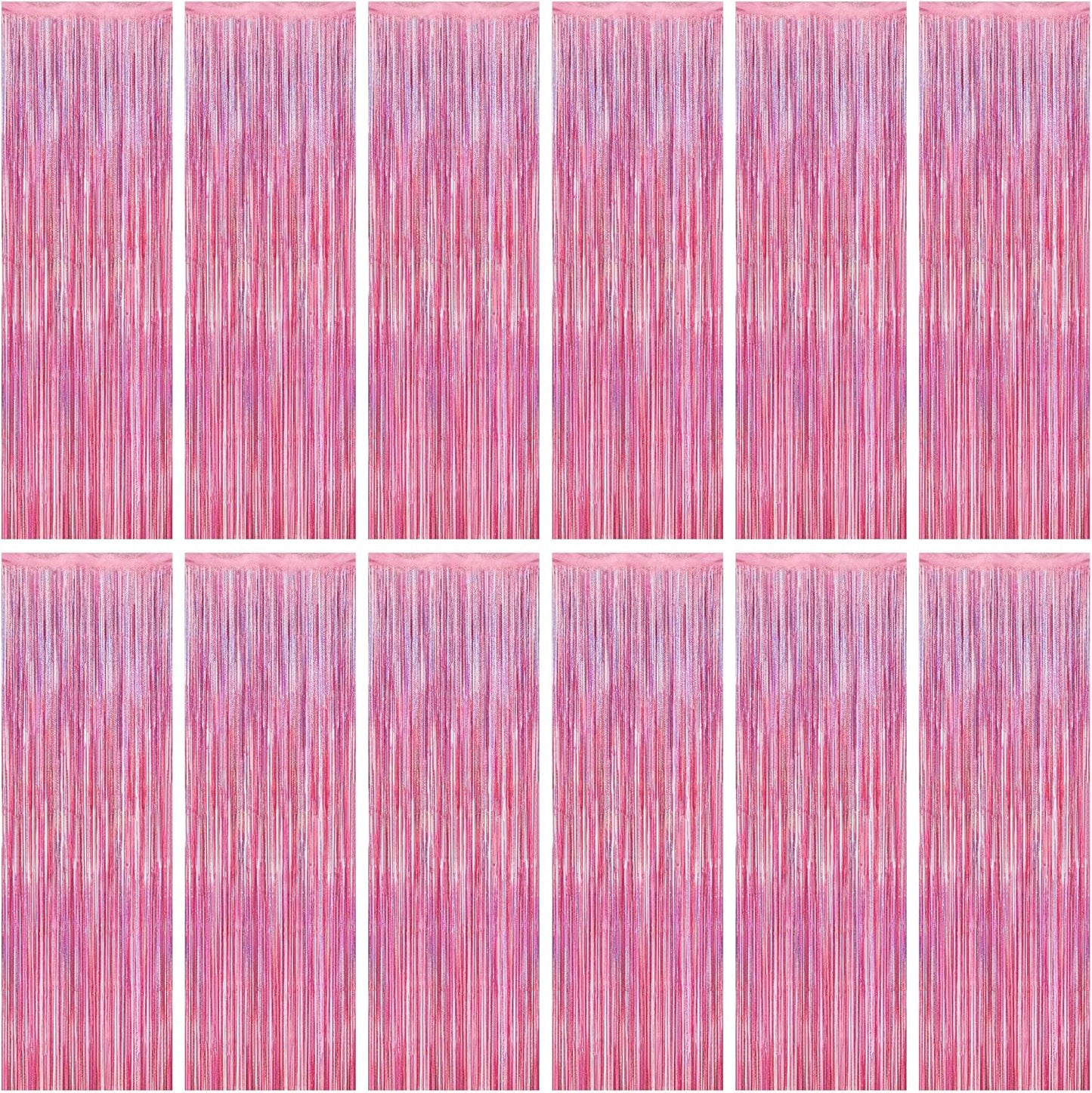 12 Pack Pink Backdrop, 3.28 FT x 7.05 FT Foil Streamers, Metallic Glitter Backdrop Pink Tinsel