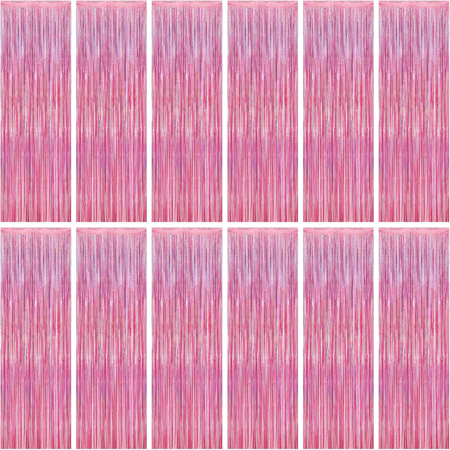 12 Pack Pink Backdrop, 3.28 FT x 7.05 FT Foil Streamers, Metallic Glitter Backdrop Pink Tinsel