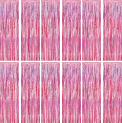 12 Pack Pink Backdrop, 3.28 FT x 7.05 FT Foil Streamers, Metallic Glitter Backdrop Pink Tinsel
