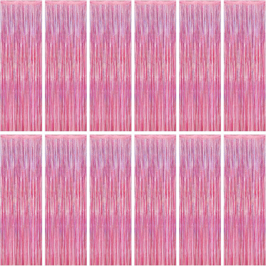 12 Pack Pink Backdrop, 3.28 FT x 7.05 FT Foil Streamers, Metallic Glitter Backdrop Pink Tinsel