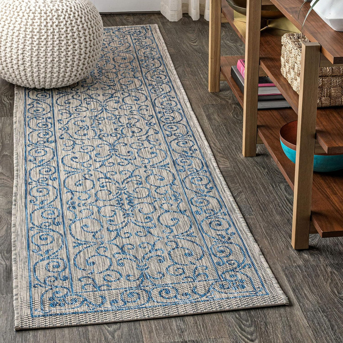 JONATHAN Y Vintage Filigree Indoor Outdoor Runner Rug 2X10 Gray/Navy, Charleston Textured Weave for