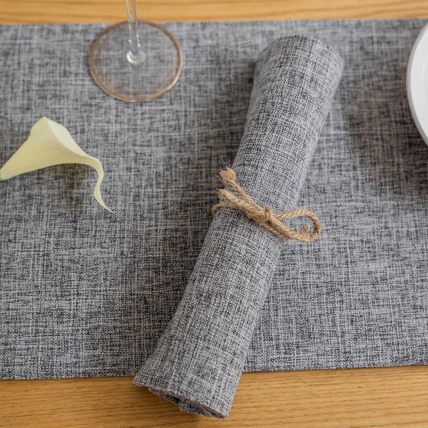 Demetex Grey Textured Linen Placemats Set of 8 Classic Place Mats Heat Resistant Cloth Table