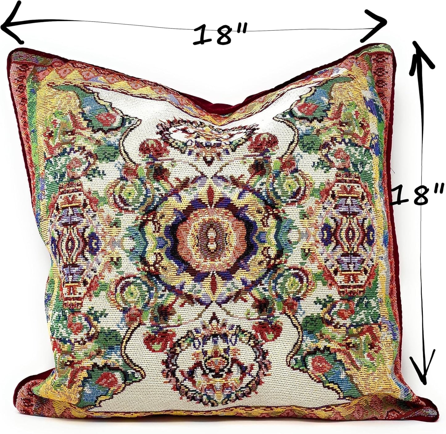 Tache Cushion Cover 18x18 Rococo Elegant Ornate Ivory Colorful Paisley Cotton Linen Tapestry Woven