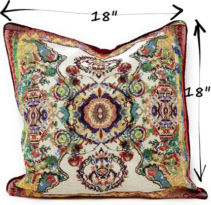 Tache Cushion Cover 18x18 Rococo Elegant Ornate Ivory Colorful Paisley Cotton Linen Tapestry Woven