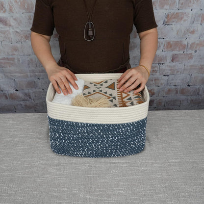 White and Blue Cotton Rope storage Basket Bins Woven Basket for Organizing Shelves 14.5X9.5X9.3“