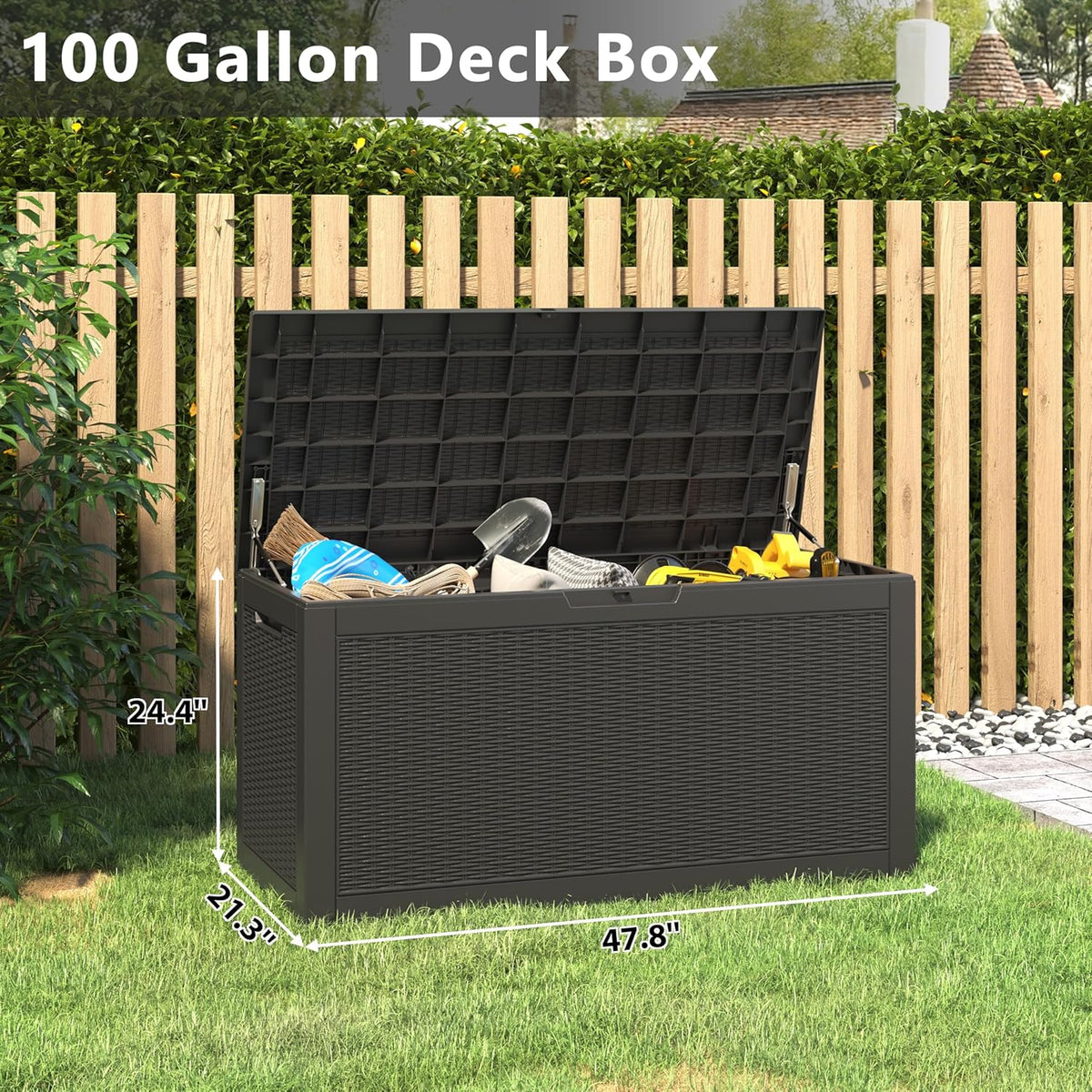 NUNU LAB 102 Gallon Large Waterproof Resin Deck Box, Lockable Outdoor Storage Box with Gas Lift