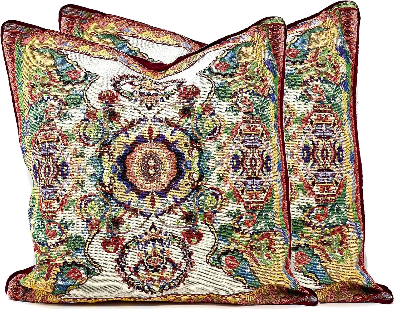 Tache Rococo Elegant Ornate Ivory Colorful Paisley Cotton Linen 18x18 Tapestry Woven Cushion Throw