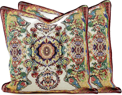 Tache Rococo Elegant Ornate Ivory Colorful Paisley Cotton Linen 18x18 Tapestry Woven Cushion Throw