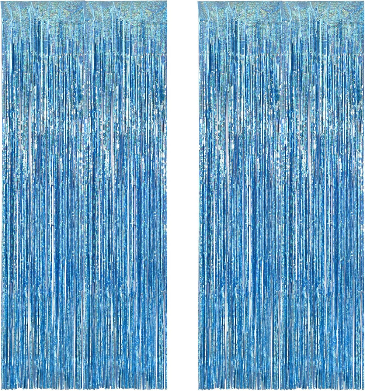 BRAVESHINE Light Blue Tinsel Foil Fringe Curtains - 2Pcs 3.2x8.2 ft Metallic Holiday Photo Booth