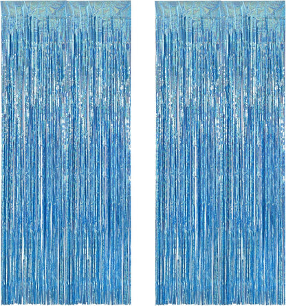 BRAVESHINE Light Blue Tinsel Foil Fringe Curtains - 2Pcs 3.2x8.2 ft Metallic Holiday Photo Booth