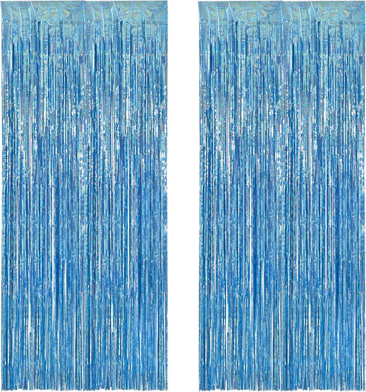 BRAVESHINE Light Blue Tinsel Foil Fringe Curtains - 2Pcs 3.2x8.2 ft Metallic Holiday Photo Booth
