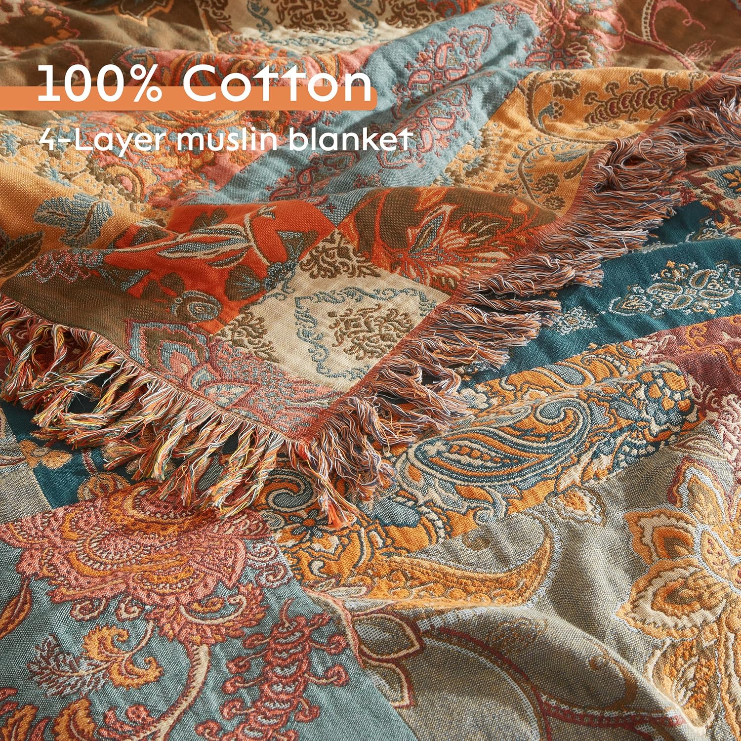 Boho Throw Blanket for Bed 80”x90”, 100% Cotton Woven Blanket for Couch Sofa, Ultra Soft 4-Layer