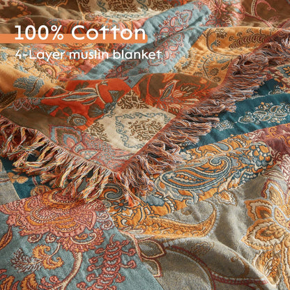 Boho Throw Blanket for Bed 80”x90”, 100% Cotton Woven Blanket for Couch Sofa, Ultra Soft 4-Layer