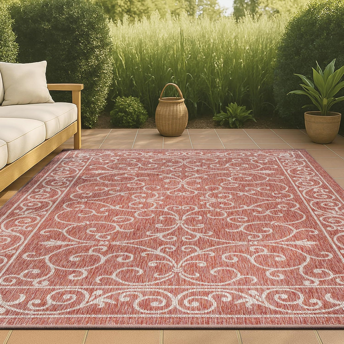 JONATHAN Y Vintage Filigree Indoor Outdoor Area Rug 3X5 Red/Beige, Charleston Textured Weave for