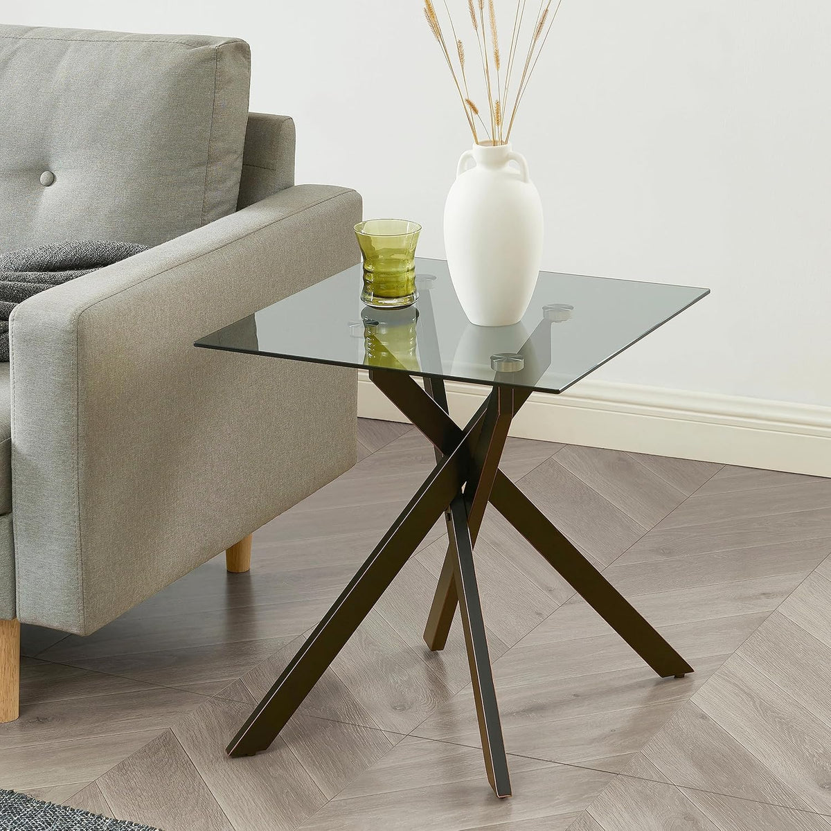 Modern Style Square Side Table with Grey Tempered Glass Top and Black Metal Tubular Legs with Gold