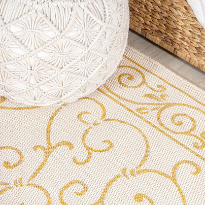 JONATHAN Y Vintage Filigree Indoor Outdoor Runner Rug 2X10 Cream/Yellow, Charleston Textured Weave