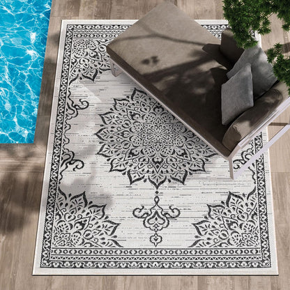 CAMILSON Outdoor Rug, 5x7 Medallion White Black Modern Area Rugs for Indoor and Outdoor Patios