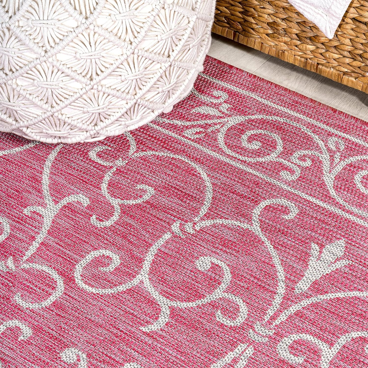 JONATHAN Y Vintage Filigree Indoor Outdoor Runner Rug 2X10 Fuchsia/Light Gray, Charleston Textured