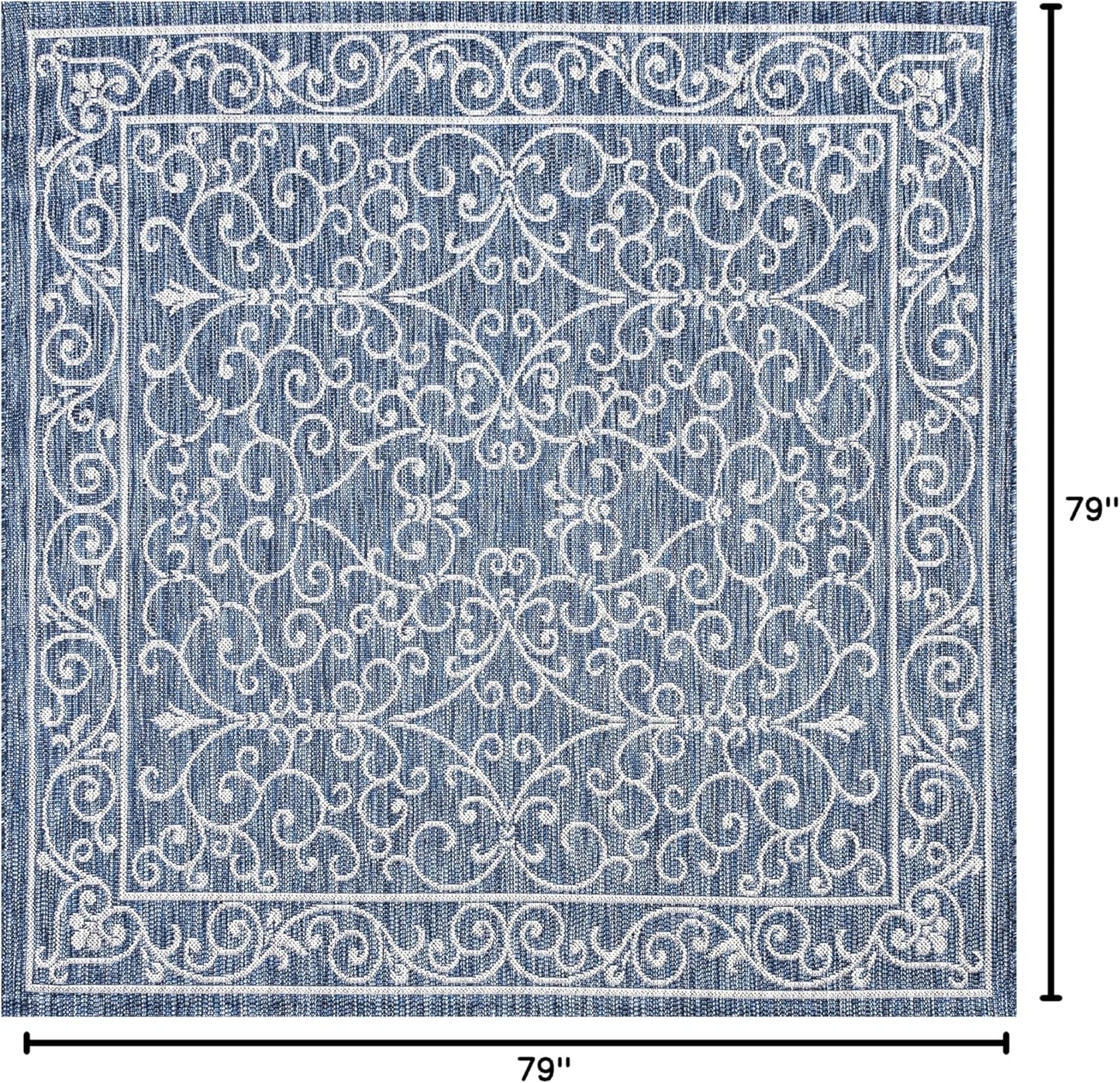 JONATHAN Y Vintage Filigree Indoor Outdoor Square Area Rug 6X6 Navy/Gray, Charleston Textured Weave