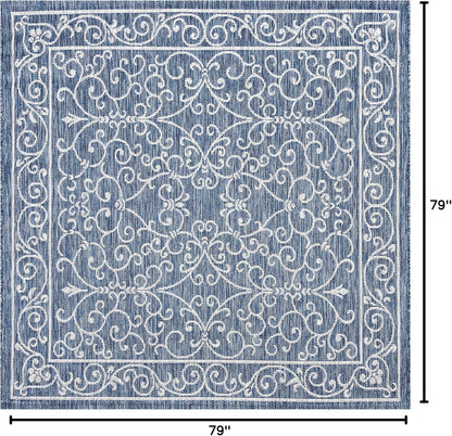 JONATHAN Y Vintage Filigree Indoor Outdoor Square Area Rug 6X6 Navy/Gray, Charleston Textured Weave