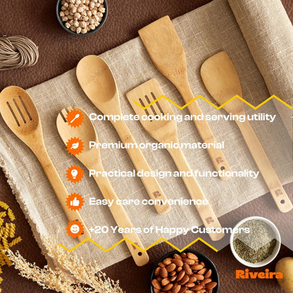 Riveira Bamboo Cooking Spoons 6-Piece – Wooden Cooking Utensils Set with Wooden Spoons for Cooking