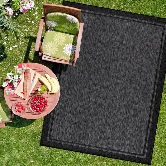 CAMILSON Indoor Outdoor Rug, 5x7 Bordered Dark Grey Black Modern Area Rugs for Indoor and Outdoor