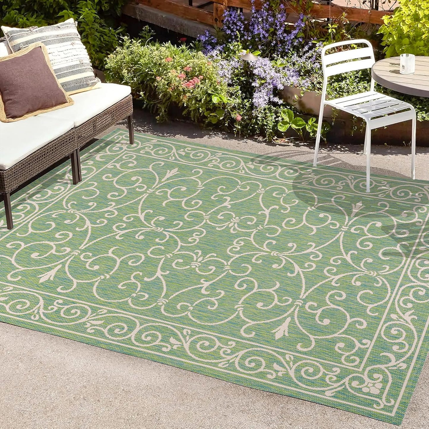 JONATHAN Y Vintage Filigree Indoor Outdoor Area Rug 3X5 Green/Ivory, Charleston Textured Weave for