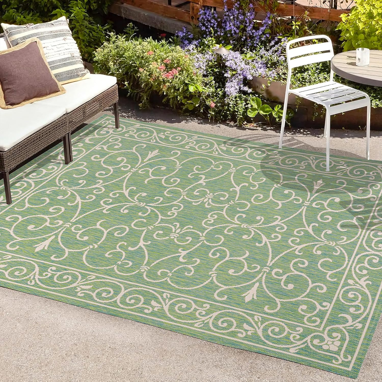 JONATHAN Y Vintage Filigree Indoor Outdoor Area Rug 3X5 Green/Ivory, Charleston Textured Weave for