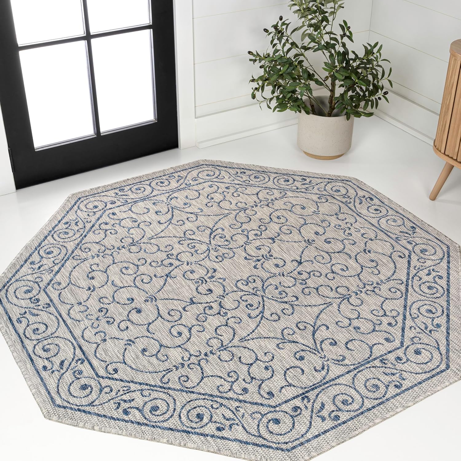 JONATHAN Y Vintage Filigree Indoor Outdoor Octagon Area Rug 8 Ft Gray/Navy, Charleston Textured