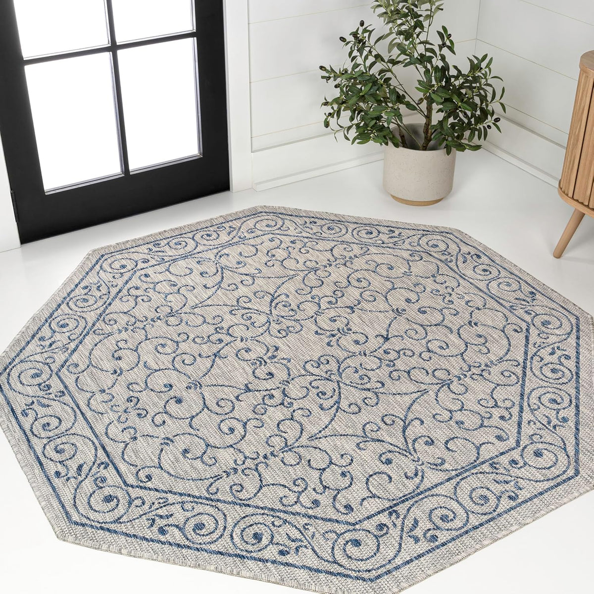 JONATHAN Y Vintage Filigree Indoor Outdoor Octagon Area Rug 5 Ft Gray/Navy, Charleston Textured