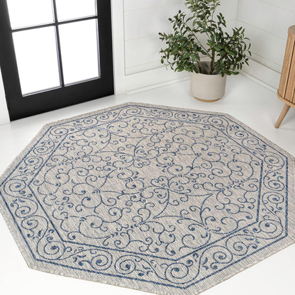 JONATHAN Y Vintage Filigree Indoor Outdoor Octagon Area Rug 5 Ft Gray/Navy, Charleston Textured