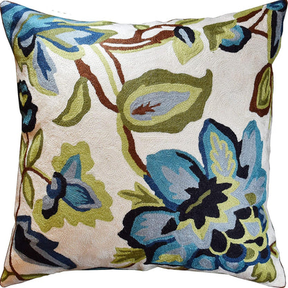 Modern Cream Decorative Floral Pillow Cover Needlepoint White Flower Hand Embroidered Pillowcase