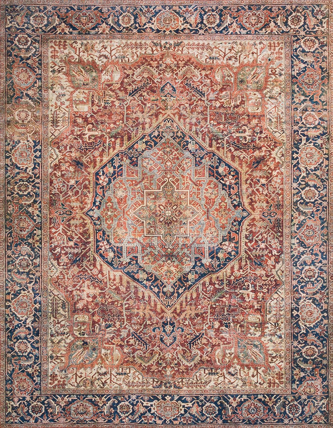 Loloi Layla Collection LAY-08 Red/Navy 5'-0" x 7'-6" .13" Thick Area Rug, Soft, Durable, Vintage